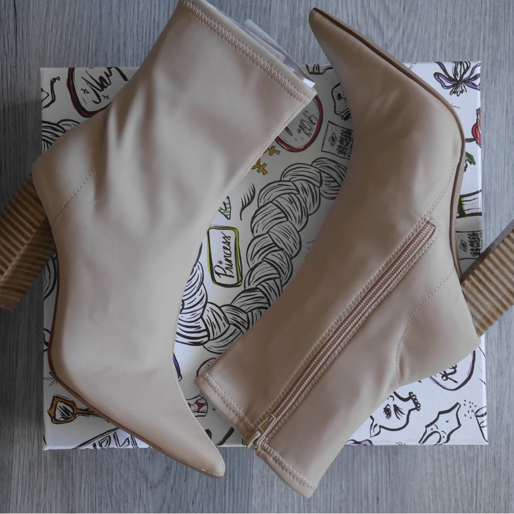 Jeffrey Campbell tan sock booties